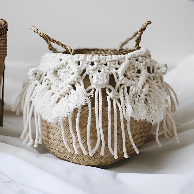 Lot De 2 Paniers Tressés Macramé Bohème Blanc – Coton Avec Poignées Bois, Rangement Déco – 34x16x12 Cm + 30x14x12 Cm