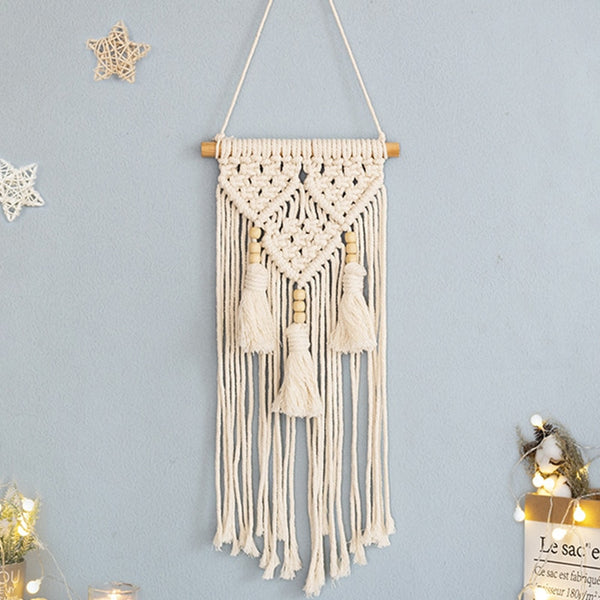 Tenture Murale Macramé Boho 90x40cm - Feuilles En Coton Sur Tige Bois - Déco Chambre, Salon, Balcon Ou Entrée