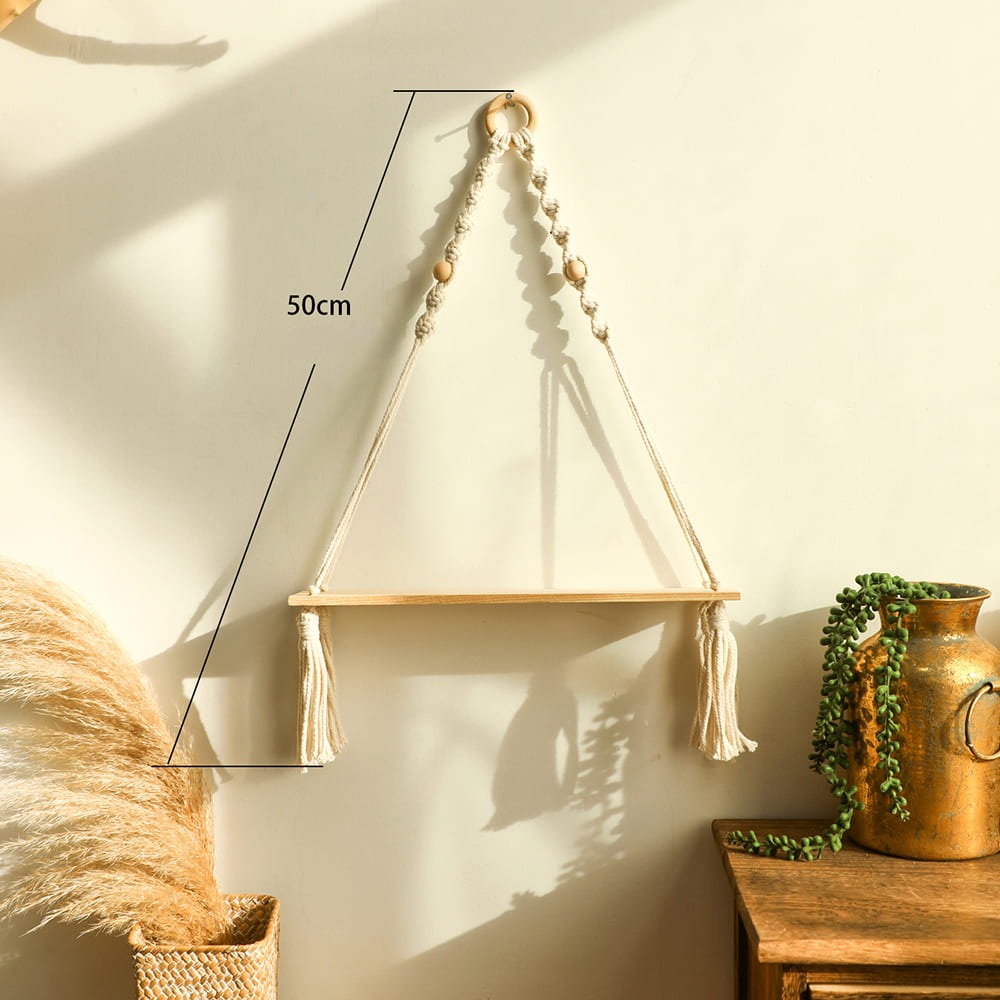 Étagère Murale En Bois Et Macramé Avec Guirlande Lumineuse Led 3M - Décoration Murale Suspendue