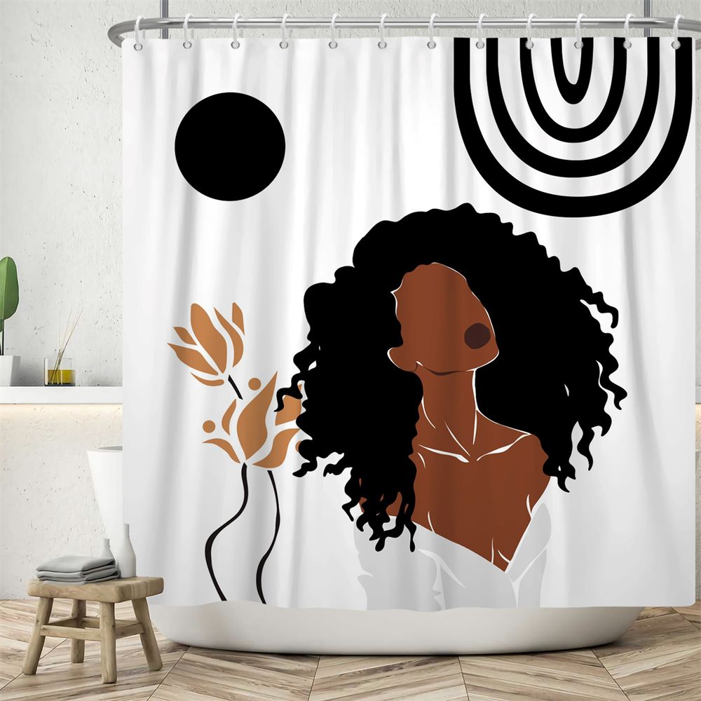 Rideau De Douche Bohème Imperméable 183x188 Cm – Design Art Abstrait Plantes Tropicales Mid Century – Tissu Polyester Lavable Avec Crochets Inclus