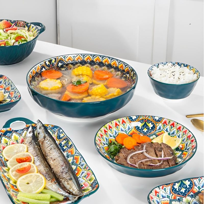 Assiette en céramique bohème, assiette de nourriture occidentale créative pour la maison, assiette de uits, assiette ronde à bords hauts, four de grande valeur, micro-ondes Applicable